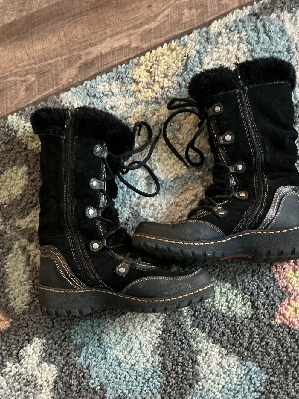 St Johns Bay Women's Black Faux-Fur Lace-Up Winter Boots